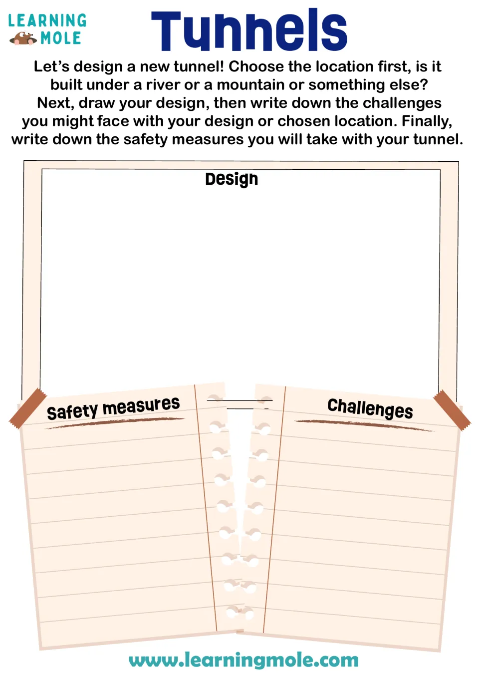 Tunnel design: students choose a location, draw their tunnel, then list challenges they expect and safety measures to take
