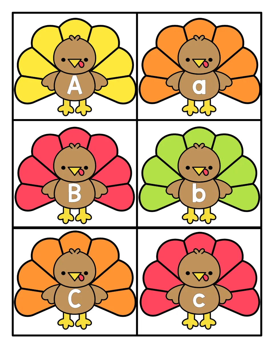 Letters A to C: six cut-apart turkey cards show uppercase A, B, C and lowercase a, b, c for matching letter pairs