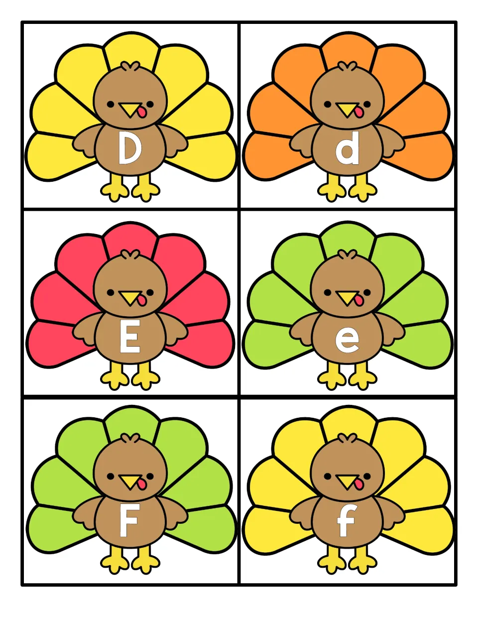Letters D to F: turkey cards with uppercase D, E, F and lowercase d, e, f on their bodies for upper/lowercase matching
