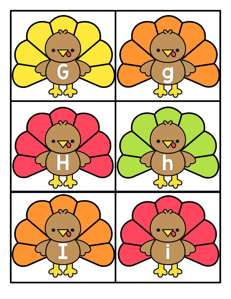 Letters G to I: cut-apart turkeys printed with capital G, H, I and small g, h, i so students pair matching letters