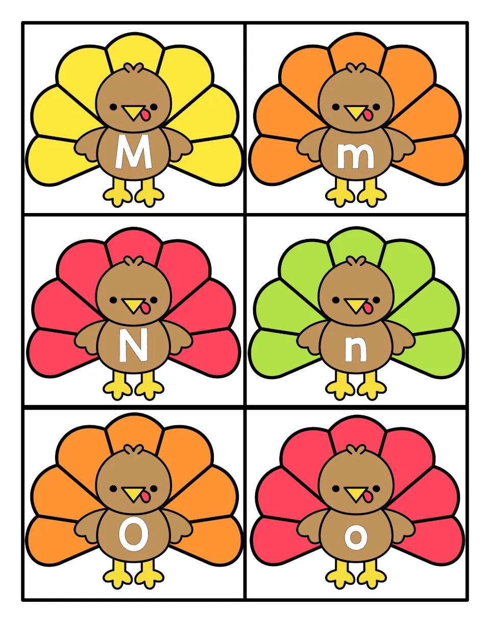 Letters M to O: six turkeys labeled M, m, N, n, O, o to cut apart and match capital and small forms of each letter