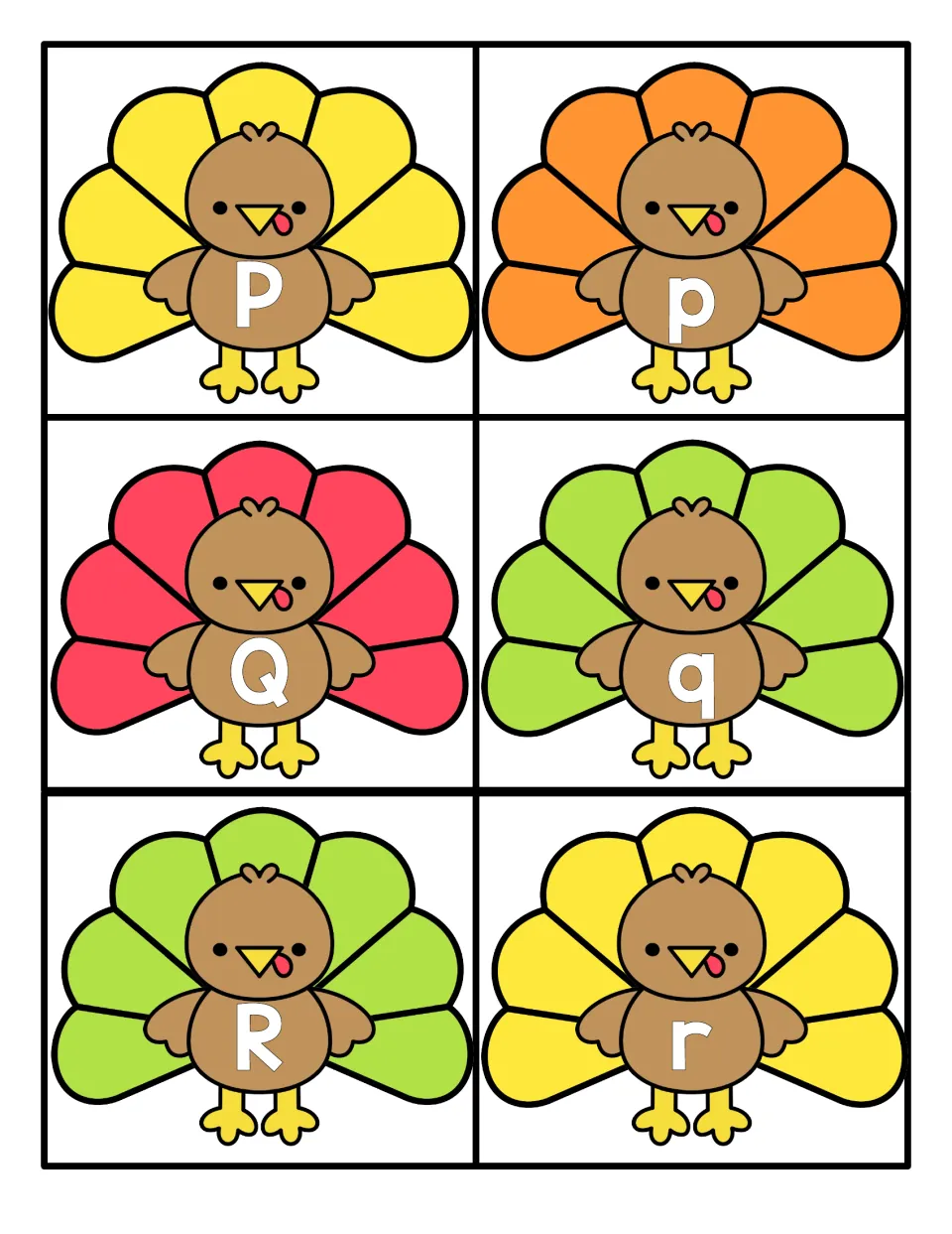 Letters P to R: turkey cards with uppercase P, Q, R and lowercase p, q, r for naming and matching letter pairs
