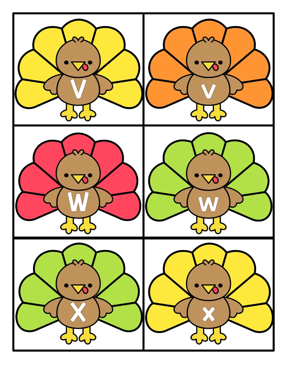 Letters V to X: turkey cards showing capital V, W, X and small v, w, x for upper and lowercase letter recognition