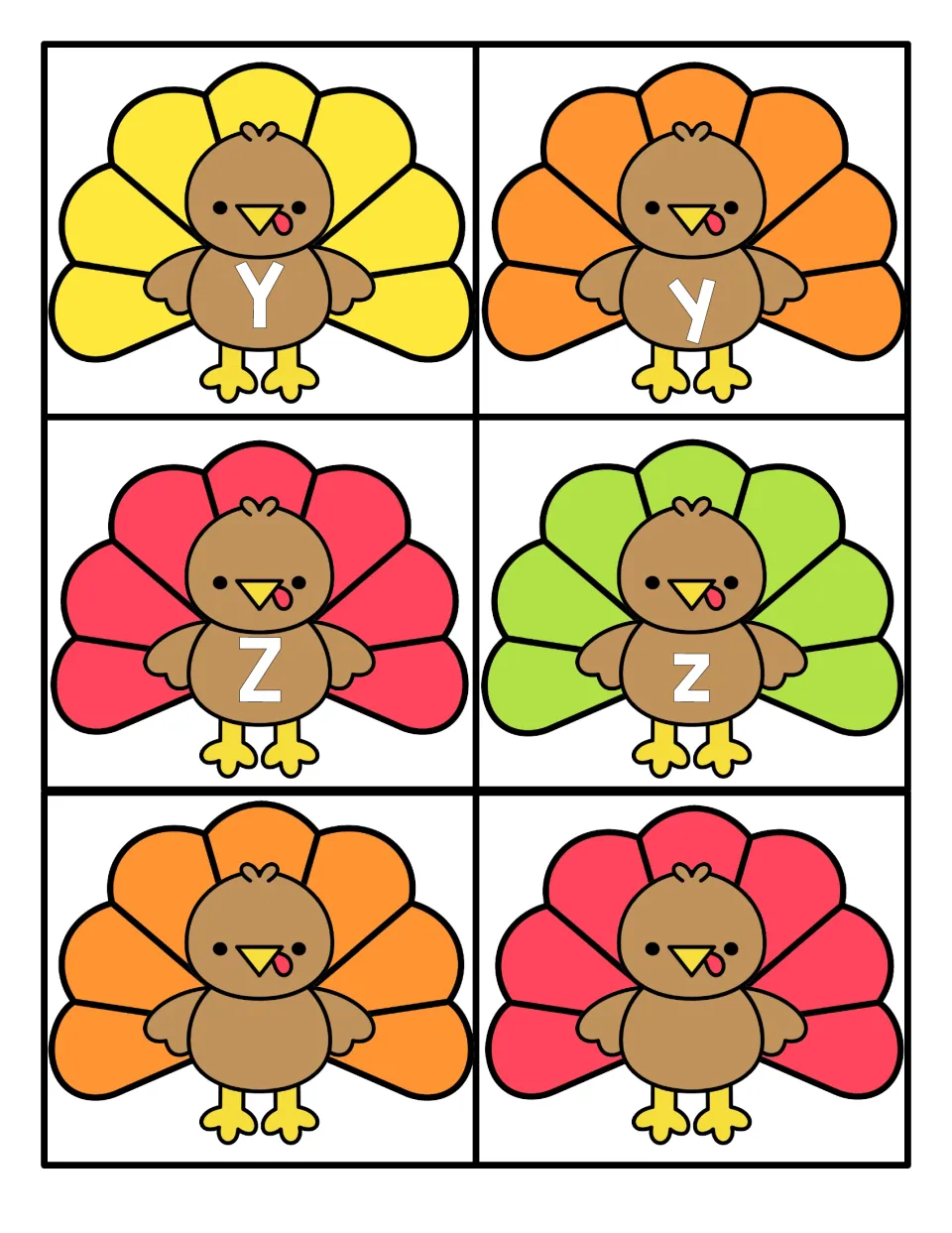 Letters Y and Z: turkey cards with Y, y, Z, z for matching letter pairs, plus two blank turkey cards with no letter
