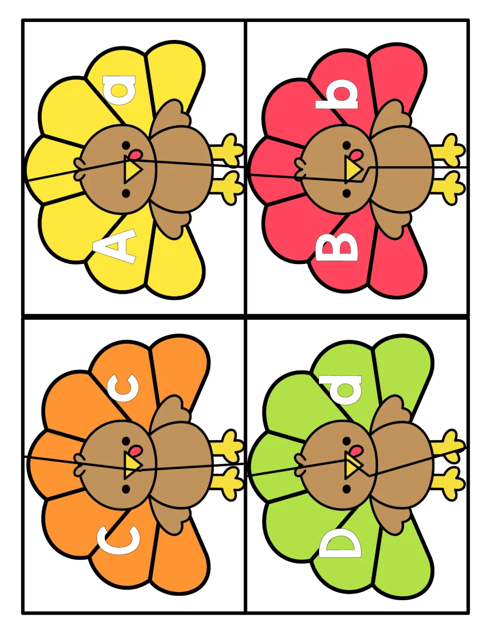Letters A to D: four turkey puzzles split in two, students match each capital letter half to its lowercase letter half