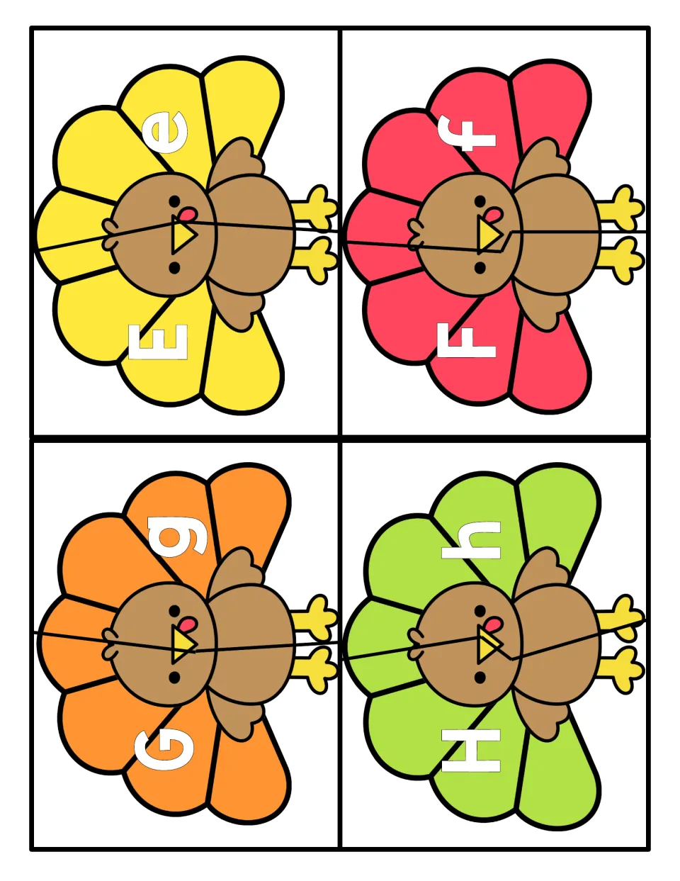 Letters E to H: turkey puzzles cut into two halves, one showing the capital and one the lowercase letter, to be matched