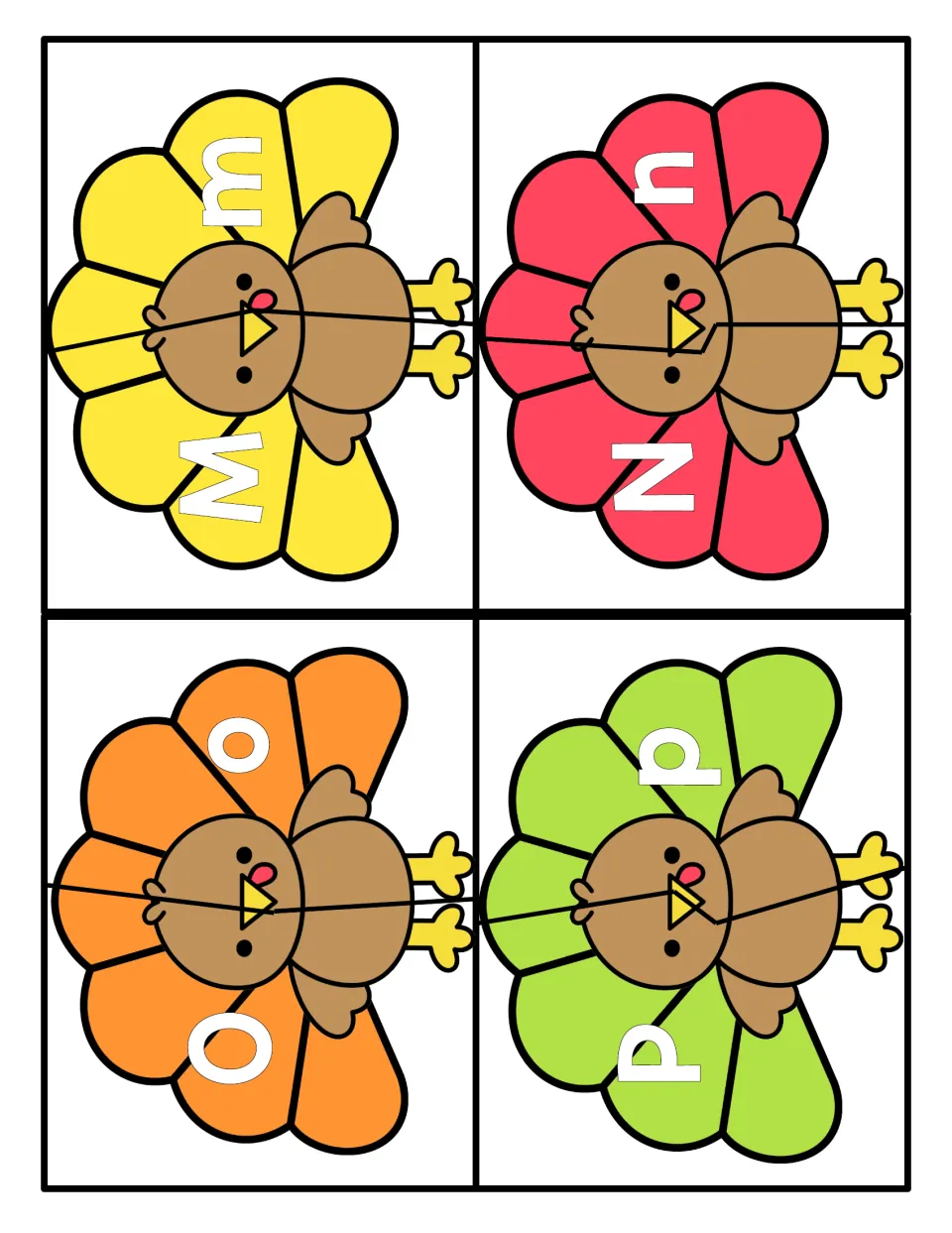 Letters M to P: students cut apart each turkey and rejoin capital M, N, O and P with lowercase m, n, o and p to match cases