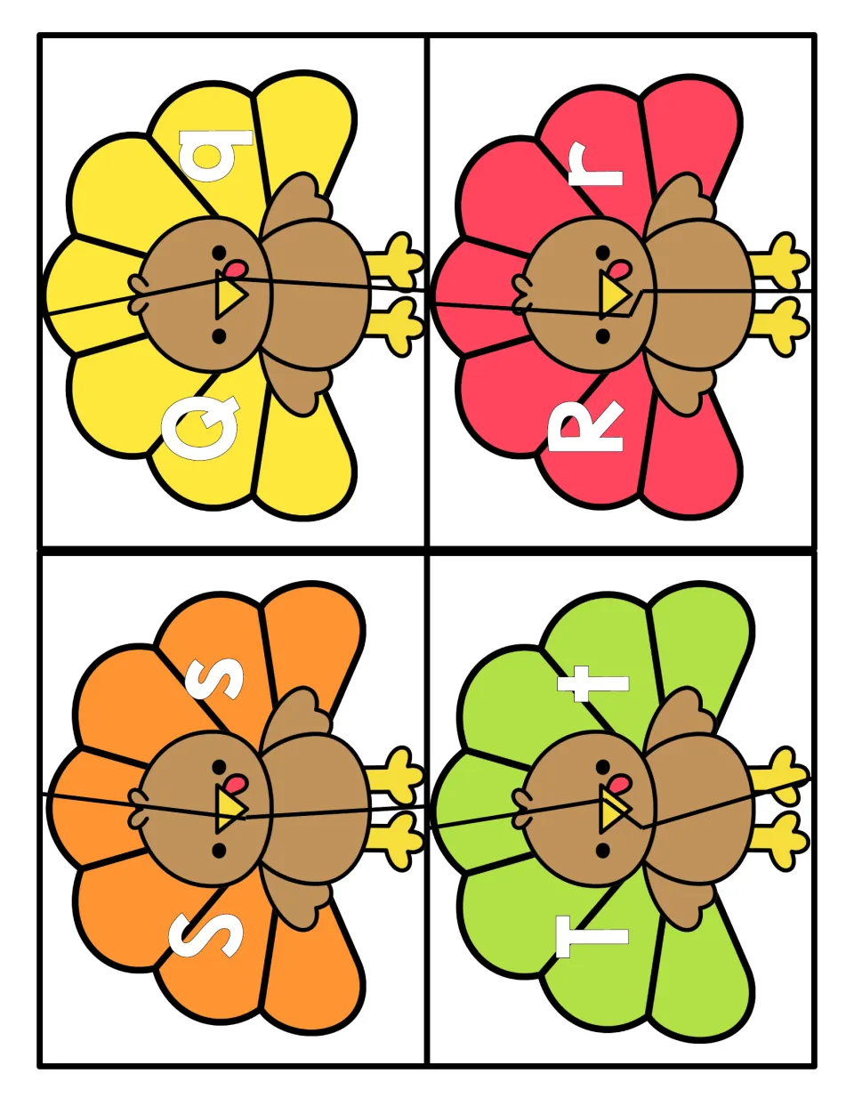 Letters Q to T: turkey puzzle halves pairing capital Q, R, S and T with lowercase q, r, s and t for case matching