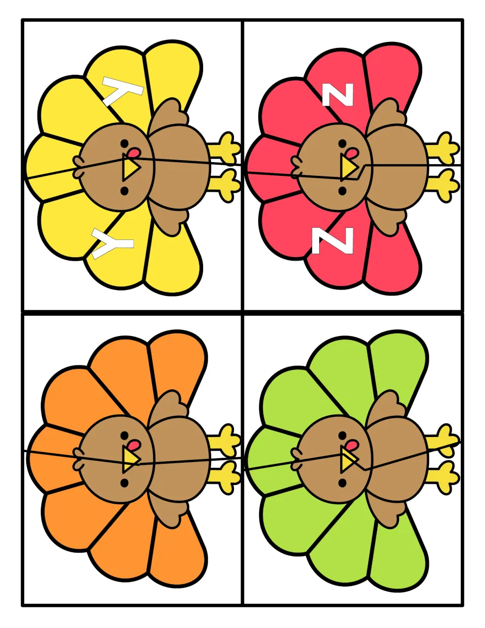 Letters Y and Z: turkey puzzles pairing capital Y and Z with lowercase y and z, plus two blank turkeys without letters