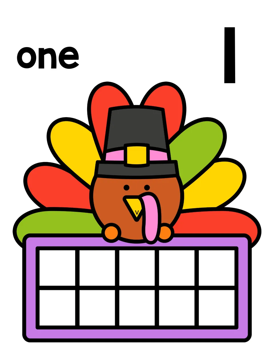 Number 1 counting mat: the word one and numeral 1 above a Pilgrim-hat turkey; students place 1 counter on the ten frame