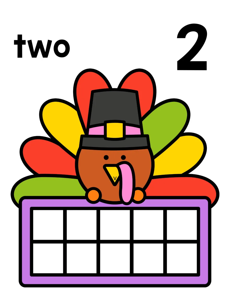 Number 2 counting mat showing the word two and numeral 2 over a turkey; students fill 2 spaces of the empty ten frame