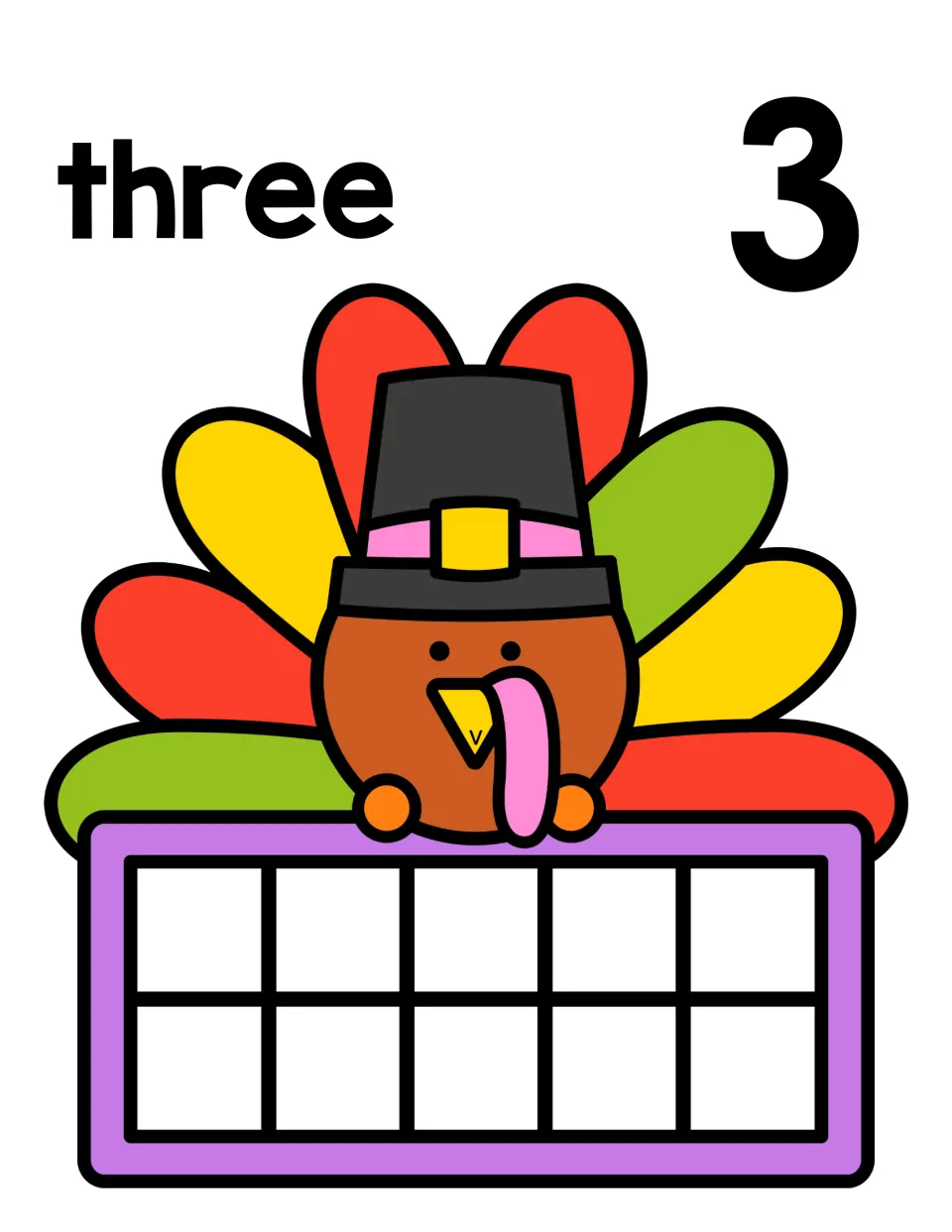 Counting to 3: the word three and numeral 3 above a hat-wearing turkey; students fill the ten frame with 3 counters