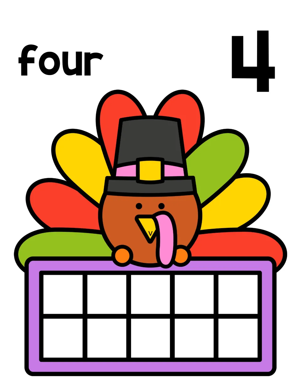 Number 4 mat: the word four and numeral 4 above a colorful turkey; students place four counters in the ten frame
