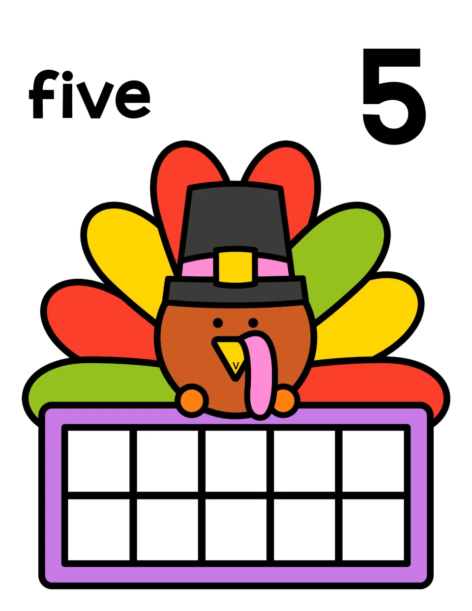 Counting mat for 5: the word five and numeral 5 over a turkey; students show five with counters on the ten frame