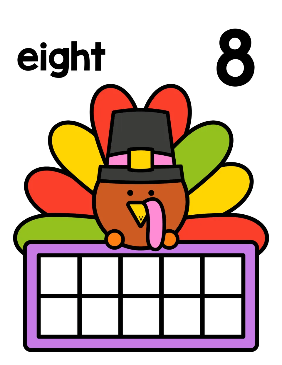 Number 8 mat: the word eight and numeral 8 above a feathered turkey; students fill eight spaces of the ten frame