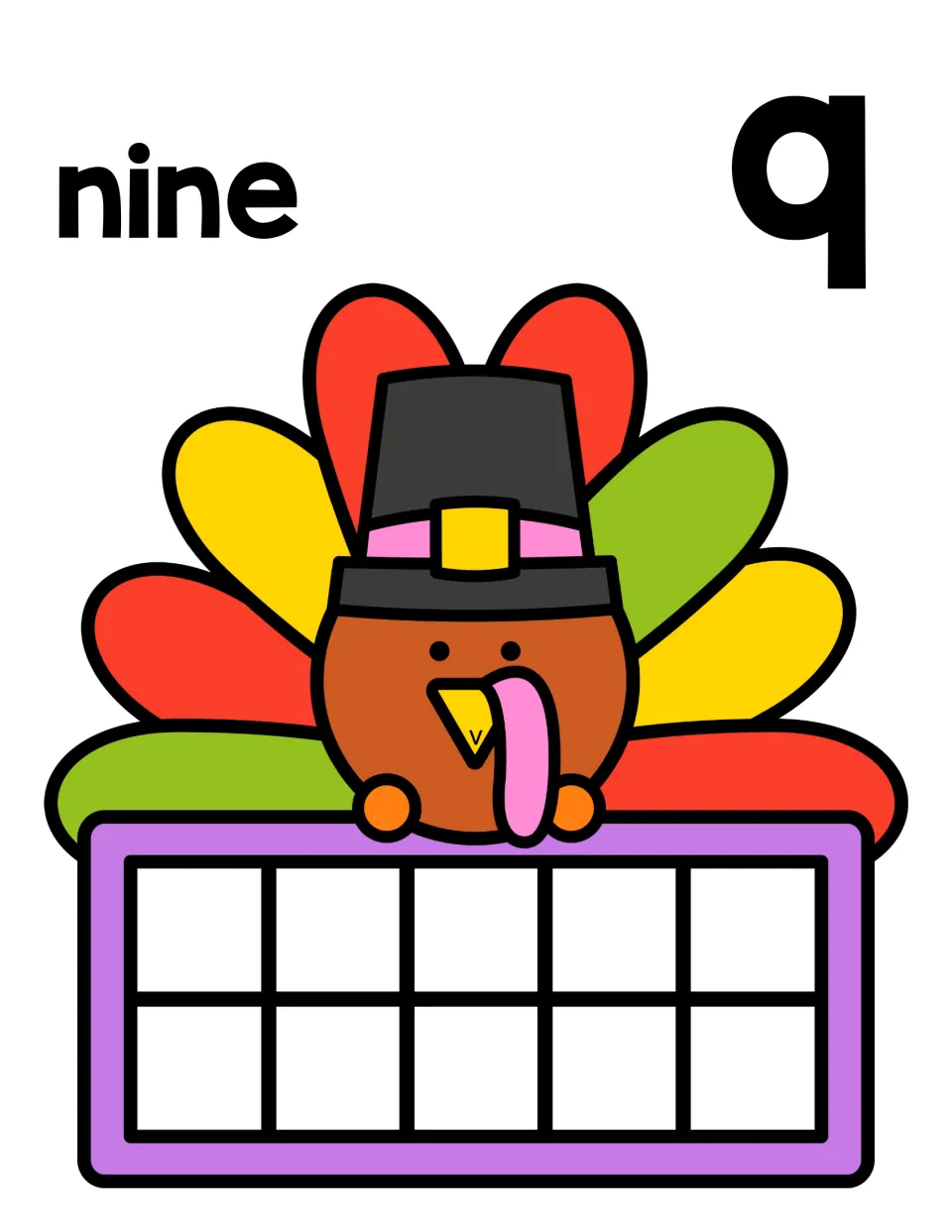 Counting mat for 9: the word nine and numeral 9 over a turkey; students show nine on the ten frame with one space left