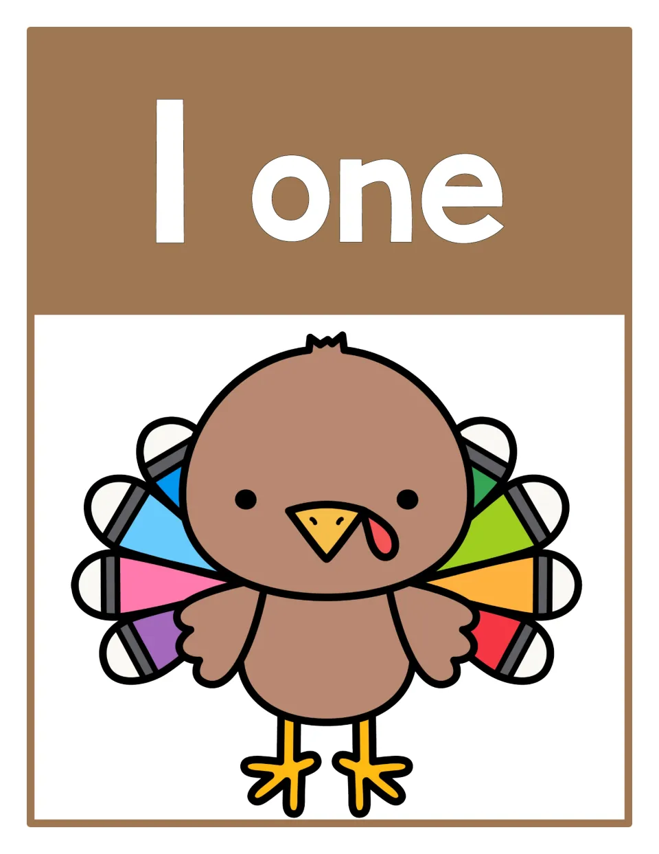 Counting poster 1 of 10: numeral 1, the word 'one,' and one turkey represent the number for counting practice.