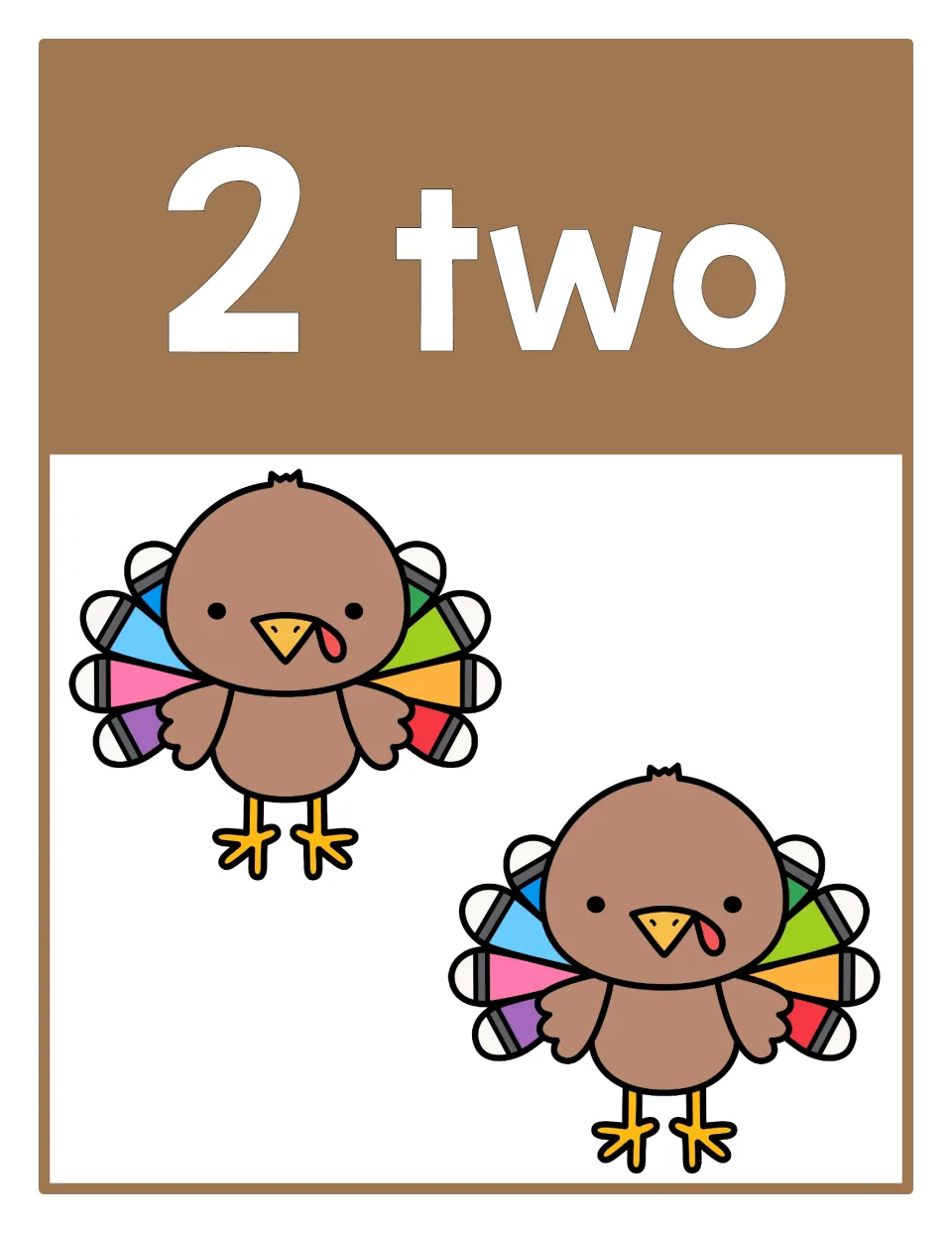 Counting poster 2 of 10: numeral 2, the word 'two,' and two turkeys represent the number for counting practice.