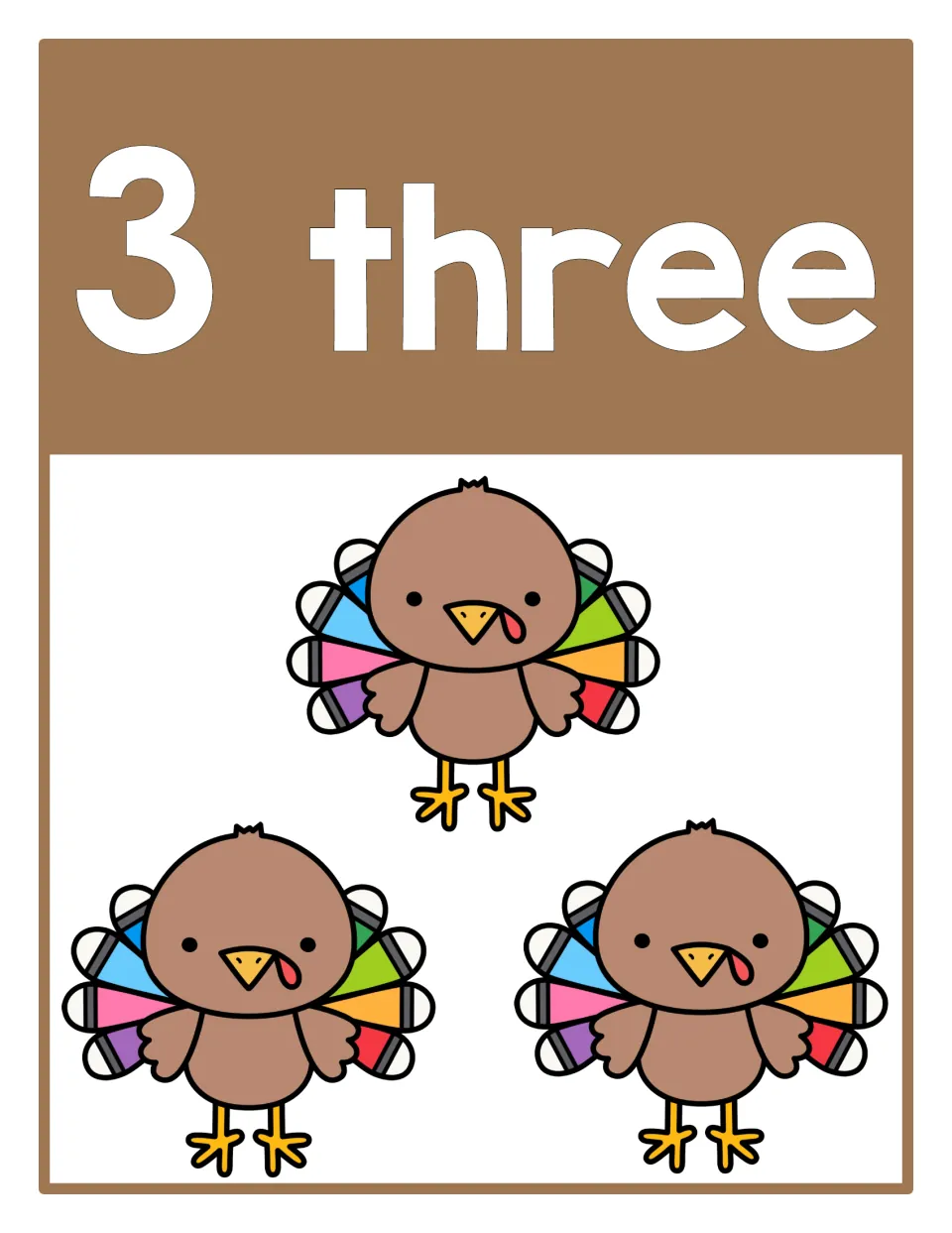 Counting poster 3 of 10: numeral 3, the word 'three,' and three turkeys represent the number for counting practice.