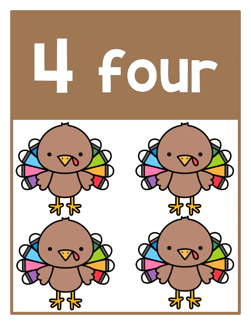 Counting poster 4 of 10: numeral 4, the word 'four,' and four turkeys represent the number for counting practice.
