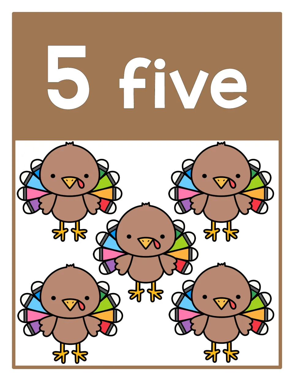 Counting poster 5 of 10: numeral 5, the word 'five,' and five turkeys represent the number for counting practice.