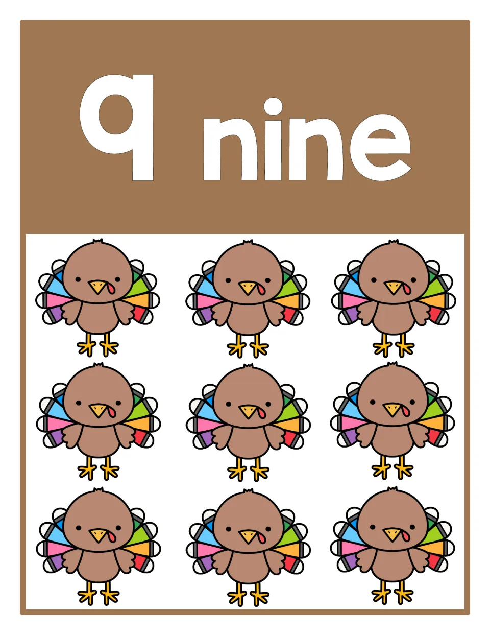 Counting poster 9 of 10: numeral 9, the word 'nine,' and nine turkeys represent the number for counting practice.