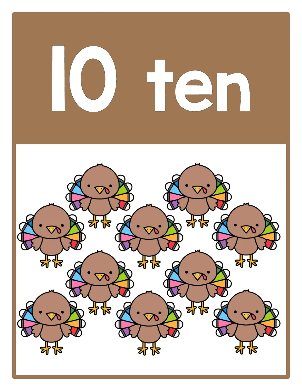Counting poster 10 of 10: numeral 10, the word 'ten,' and ten turkeys represent the number for counting practice.