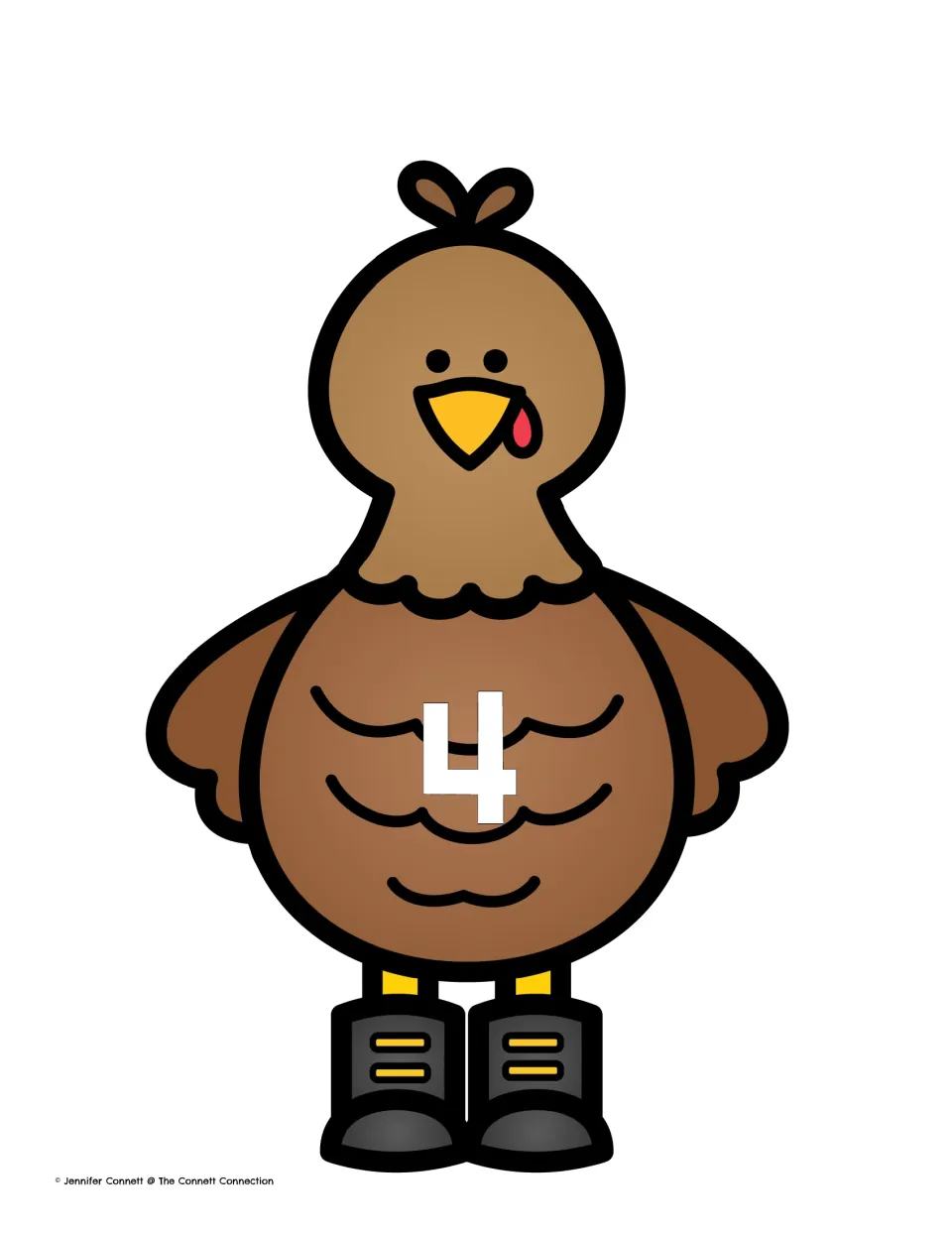 Turkey sorting mat numbered 4: a cartoon turkey in boots where students place feathers whose pictures have four syllables