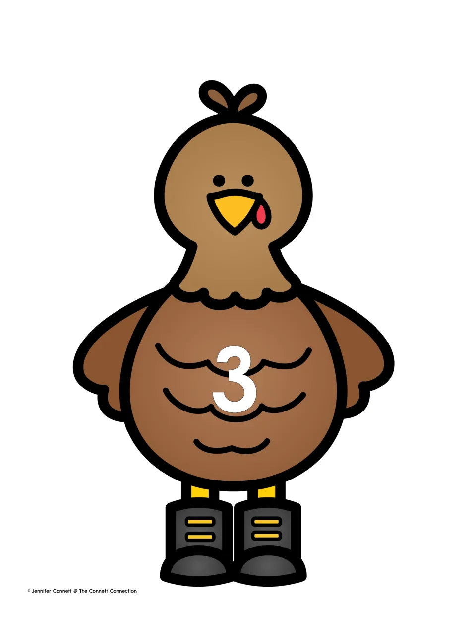 Turkey sorting mat numbered 3: a cartoon turkey body where students add feathers showing pictures with three syllables