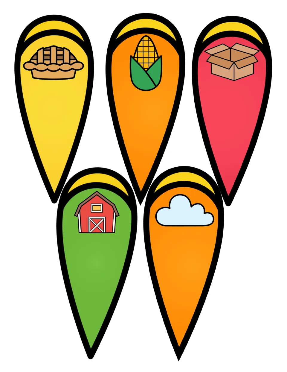 Syllable feather cards: students clap the syllables in pie, corn, box, barn and cloud, then sort each feather on a turkey