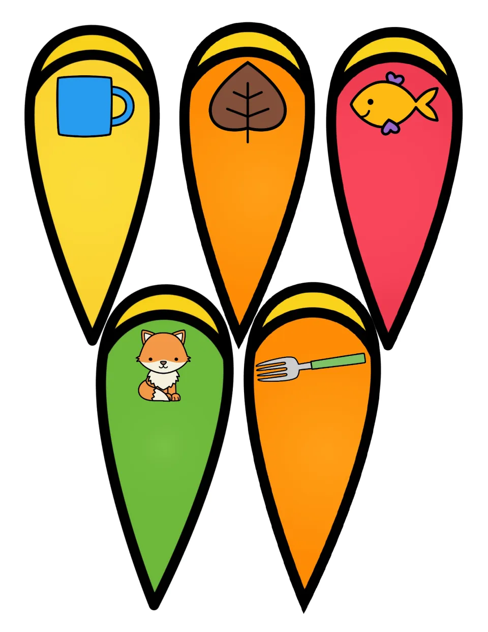 Syllable feather cards picturing a cup, leaf, fish, fox and fork; students say each word, count its syllables and sort