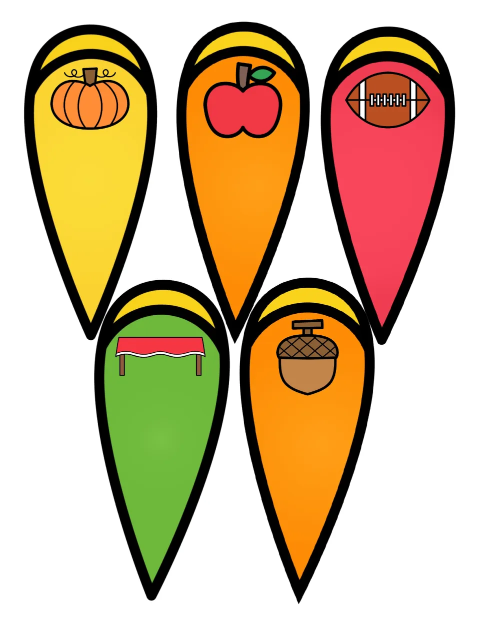 Syllable feathers showing a pumpkin, apple, football, table and acorn; students count the word parts and sort them