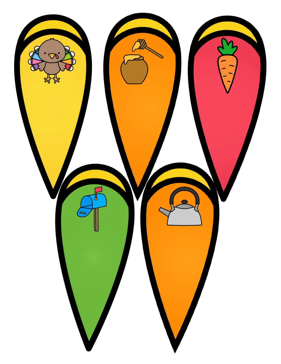 Syllable counting feathers with a turkey, honey jar, carrot, mailbox and kettle to clap out and sort by count