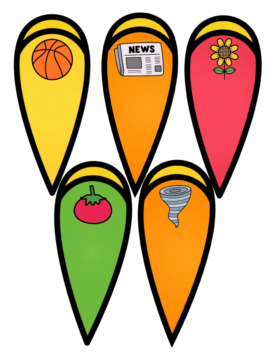 Syllable feathers picturing a basketball, newspaper, sunflower, tomato and tornado to clap, count and sort