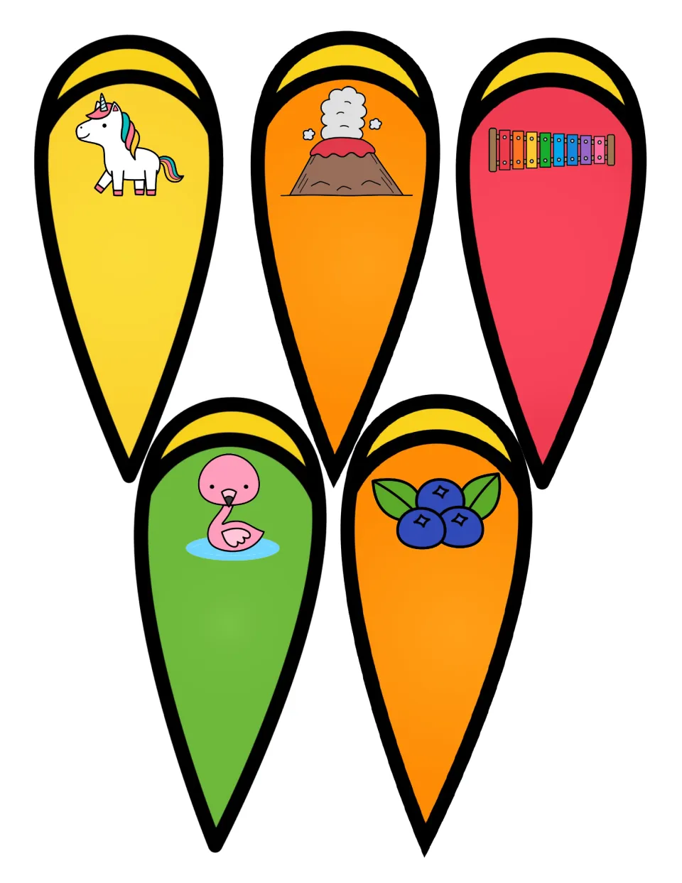 Syllable feather cards with a unicorn, volcano, xylophone, flamingo and blueberries; students tap the parts, then sort