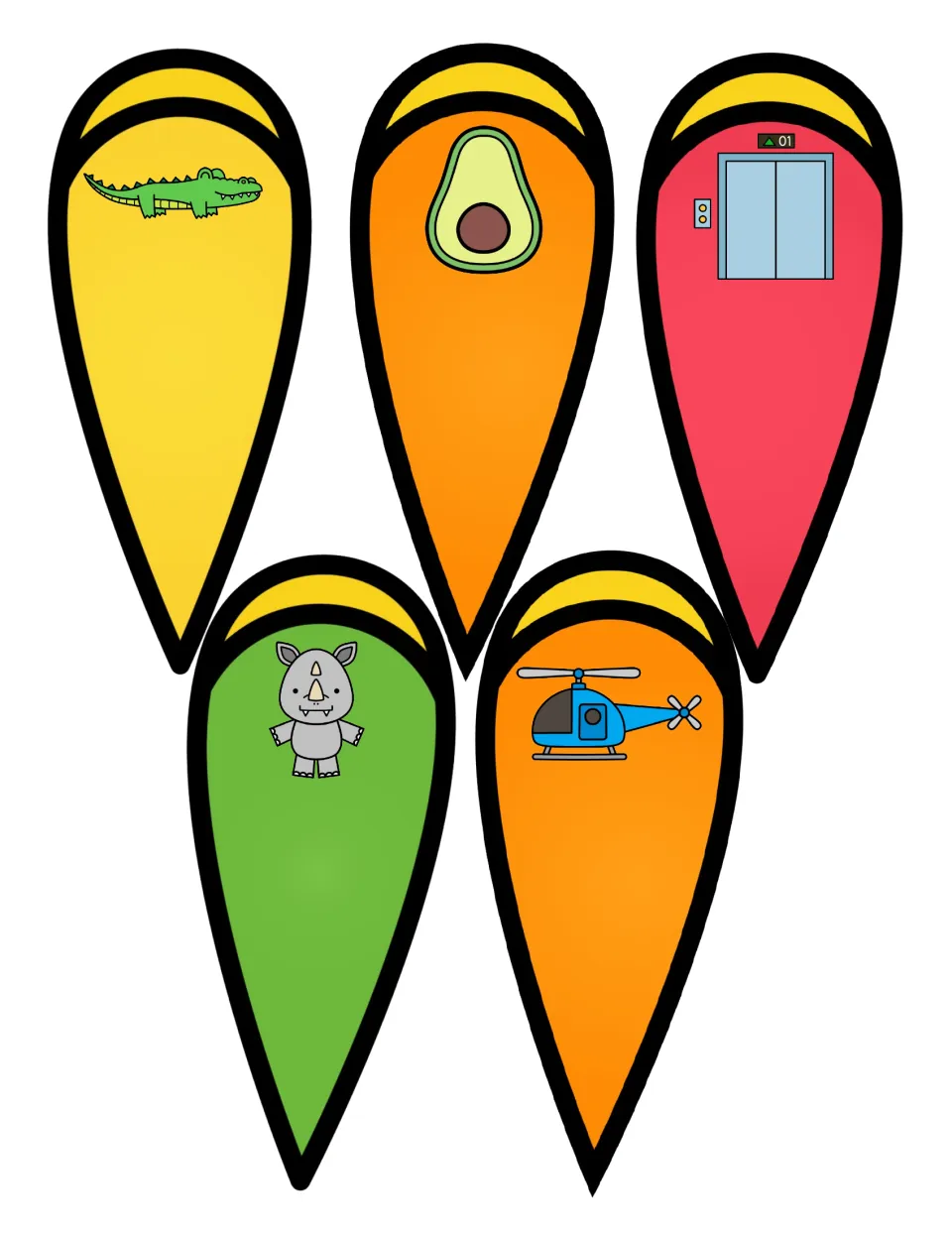 Syllable feathers showing an alligator, avocado, elevator, rhinoceros and helicopter to break into syllables