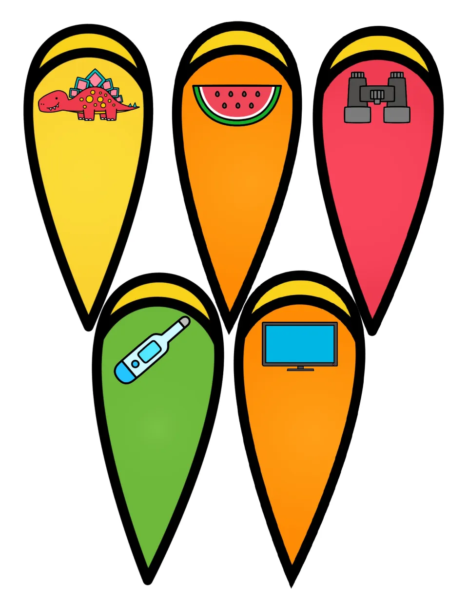 Syllable feather cards picturing a dinosaur, watermelon, binoculars, thermometer and television to say aloud and sort