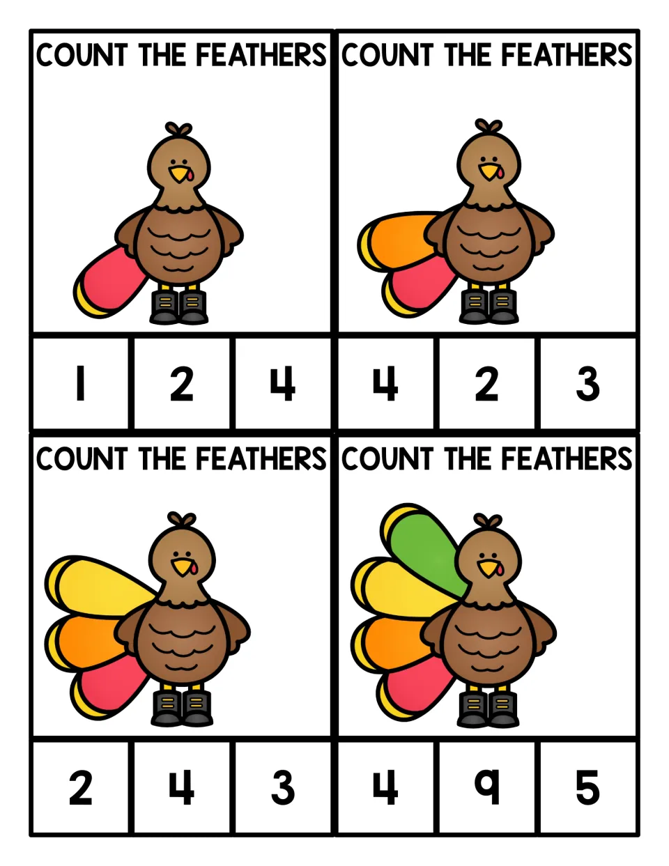 Count the feathers: students count 1 to 4 tail feathers on each turkey and clip the matching number of three choices