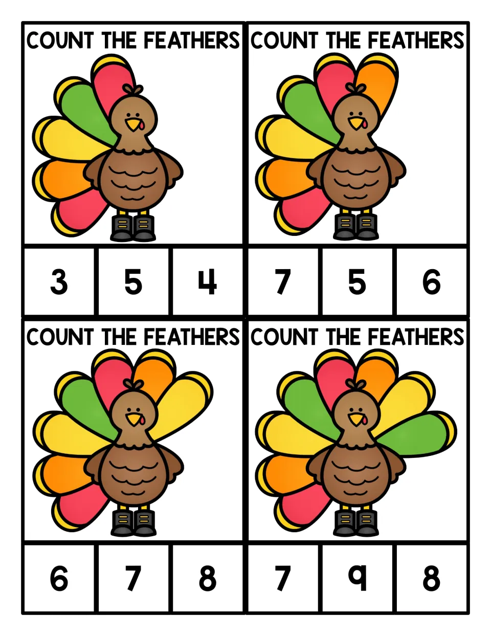 Turkey feather counting cards for 5 to 8: children count the colorful tail feathers and clip the correct numeral below