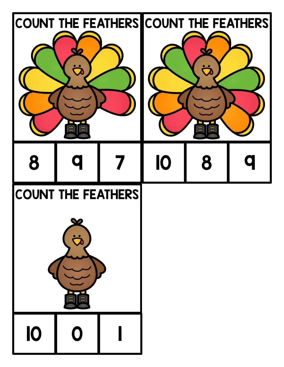Counting 9, 10 and zero feathers: turkeys with full tails and one with no feathers, each with three numerals to clip