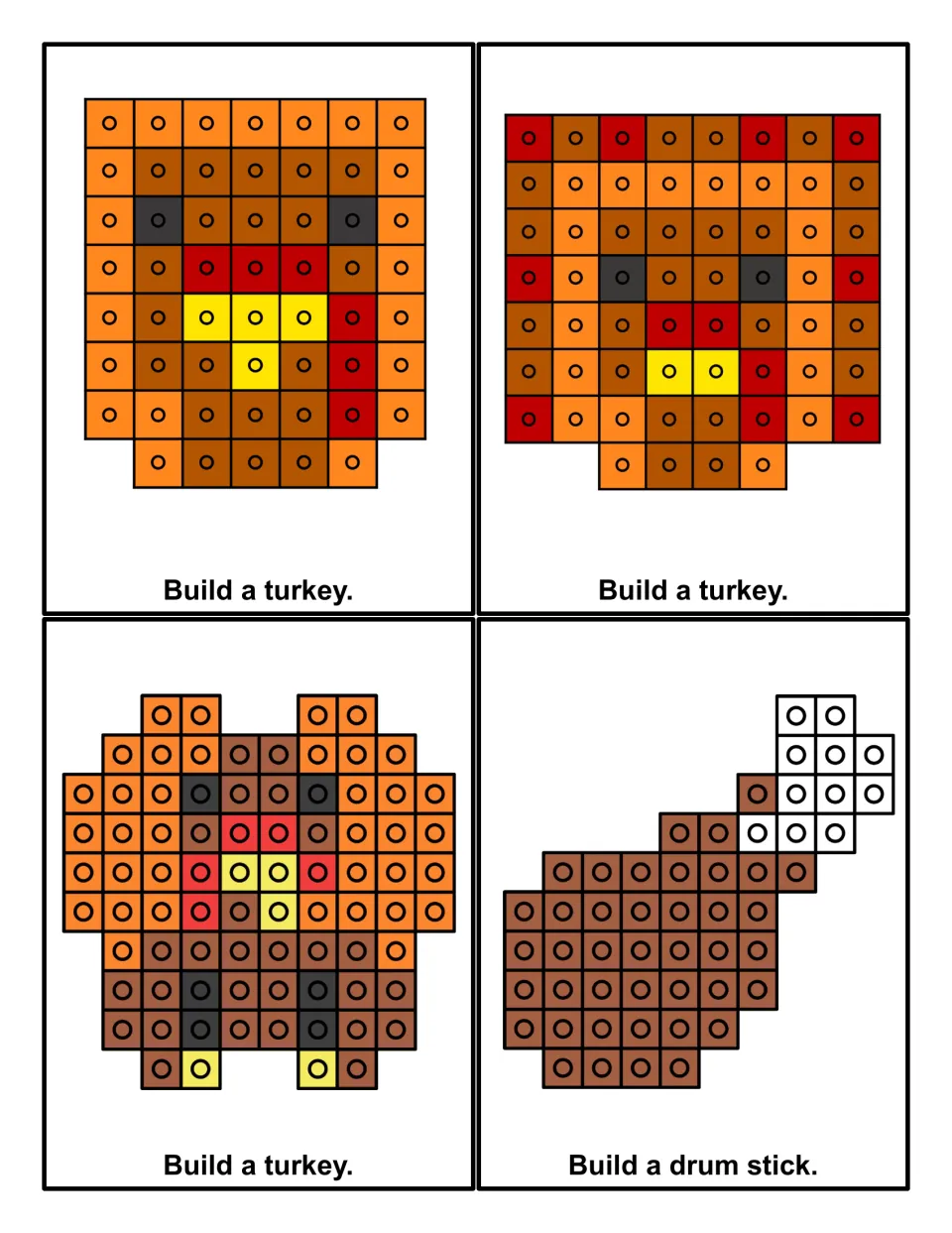 Turkey cube pattern cards: students copy three color-coded turkey designs and a drumstick by snapping connecting cubes