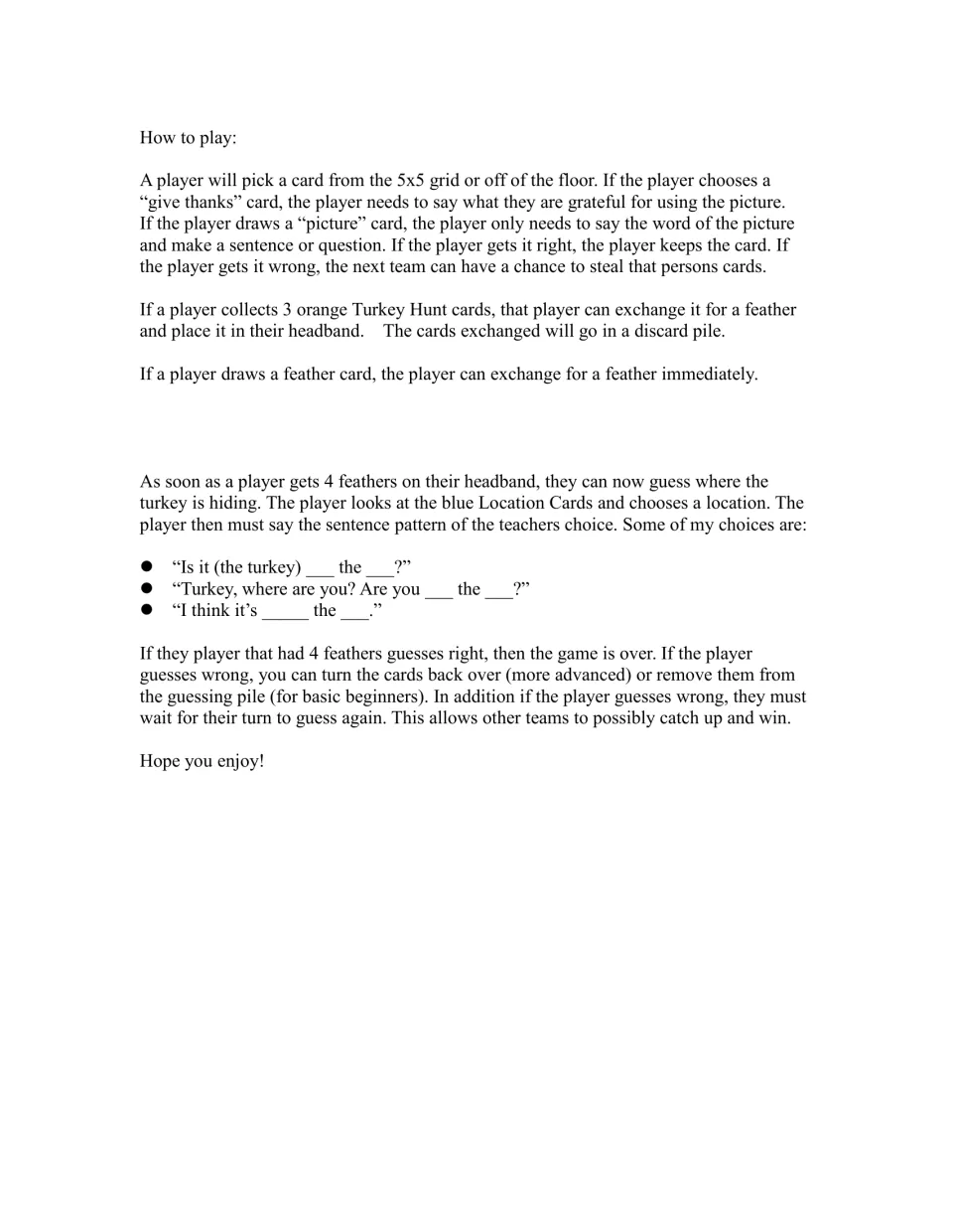 Game rules explain trading 3 hunt cards for a feather and collecting 4 feathers to guess the turkey's location.