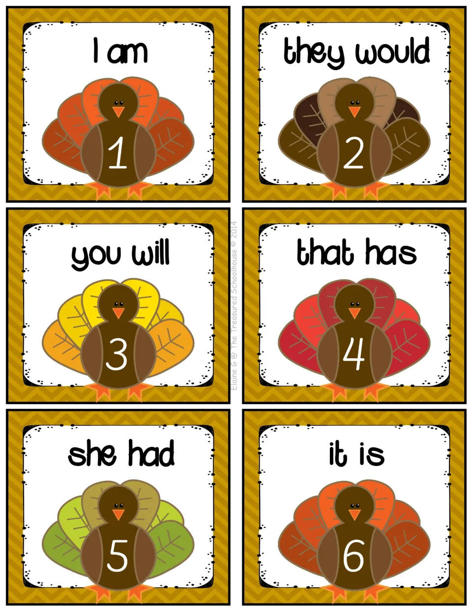 Contractions task cards 1–6: I am, they would, you will, that has, she had, and it is, each numbered.