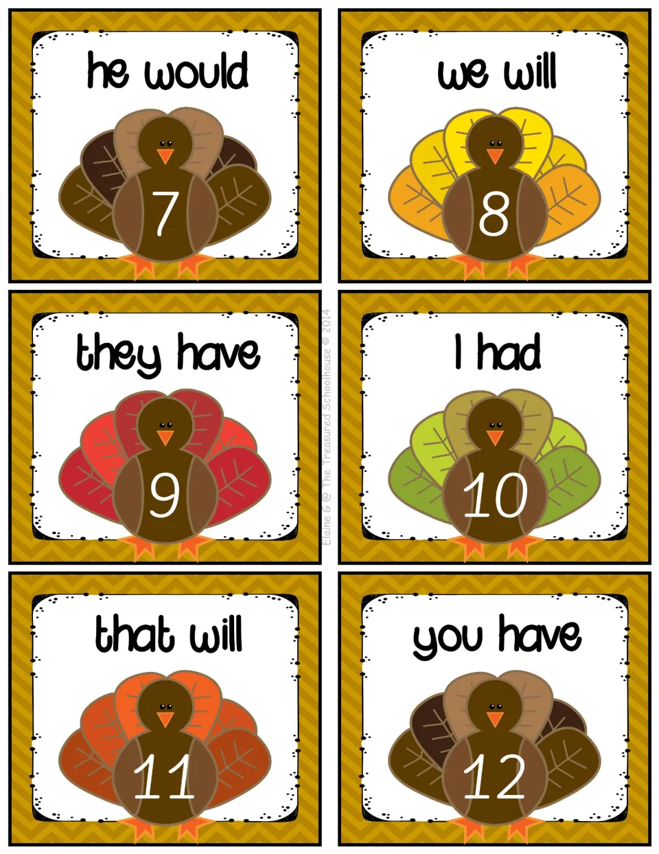 Contractions task cards 7–12: he would, we will, they have, I had, that will, and you have.