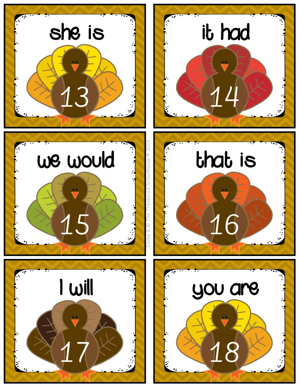 Contractions task cards 13–18: she is, it had, we would, that is, I will, and you are, each numbered.