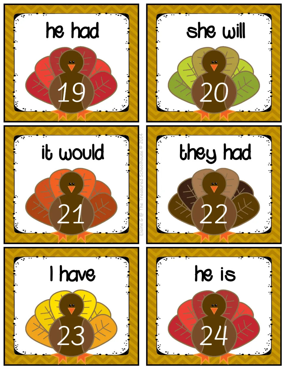 Contractions task cards 19–24: he had, she will, it would, they had, I have, and he is, each numbered.