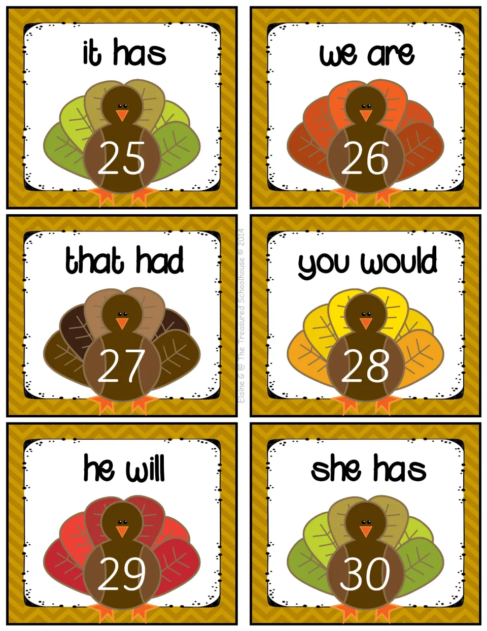 Contractions task cards 25–30: it has, we are, that had, you would, he will, and she has, each numbered.