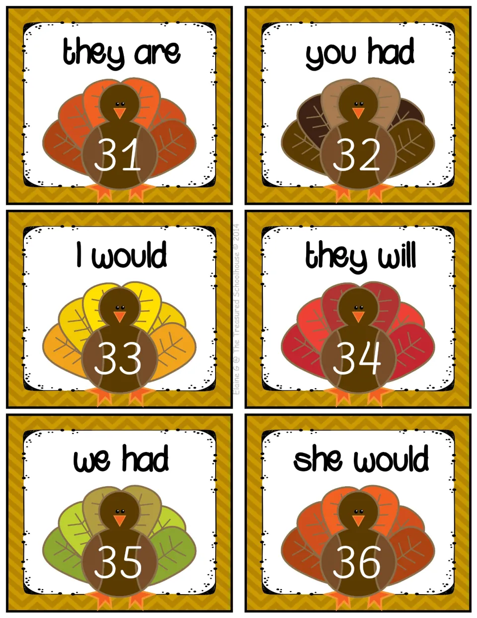 Contractions task cards 31–36: they are, you had, I would, they will, we had, and she would.