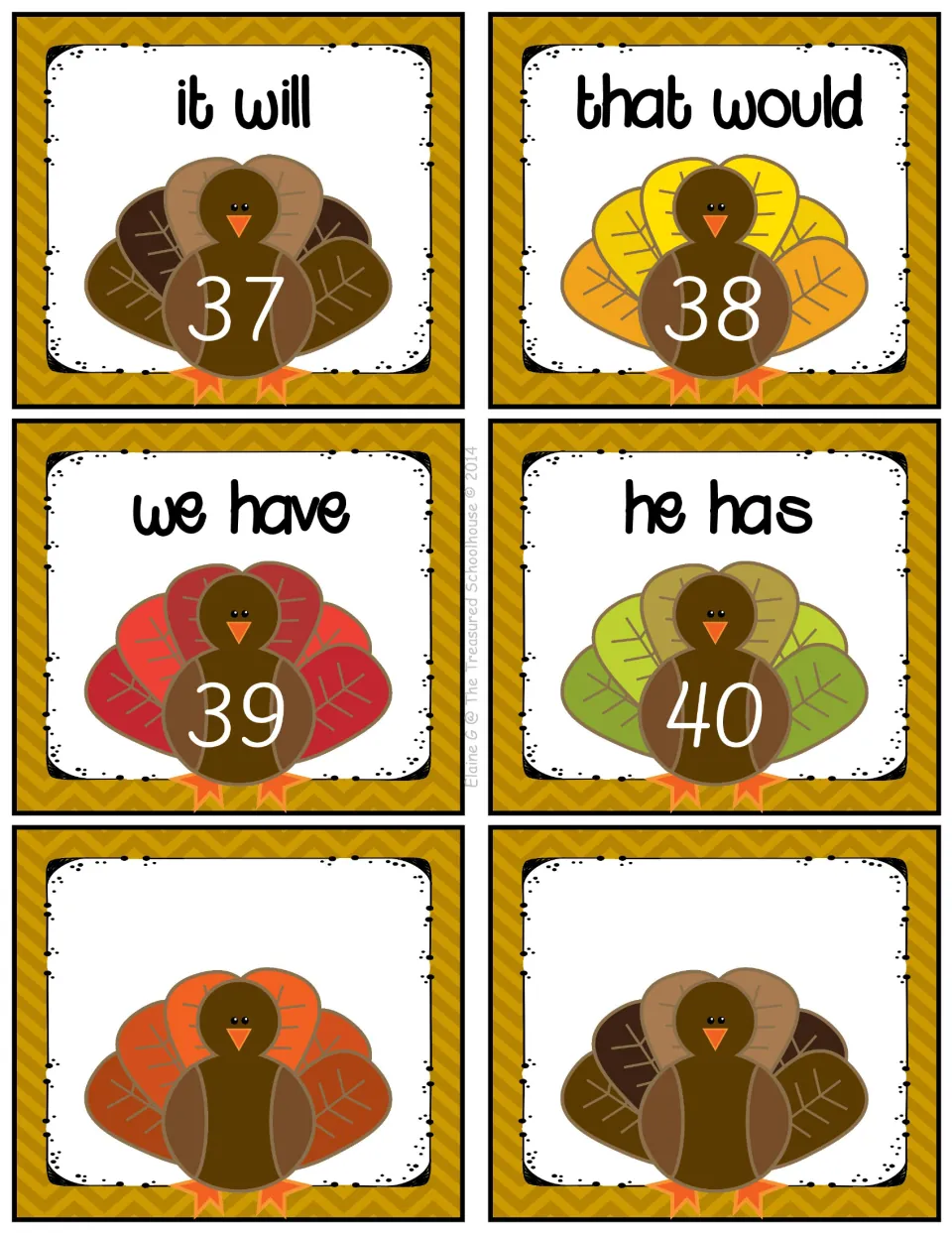 Contractions task cards 37–40: it will, that would, we have, and he has, plus two blank cards.