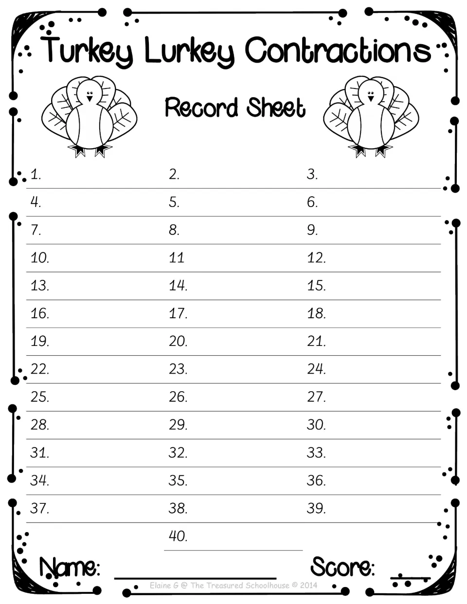 Contractions record sheet has numbered response spaces for all 40 task cards and fields for name and score.